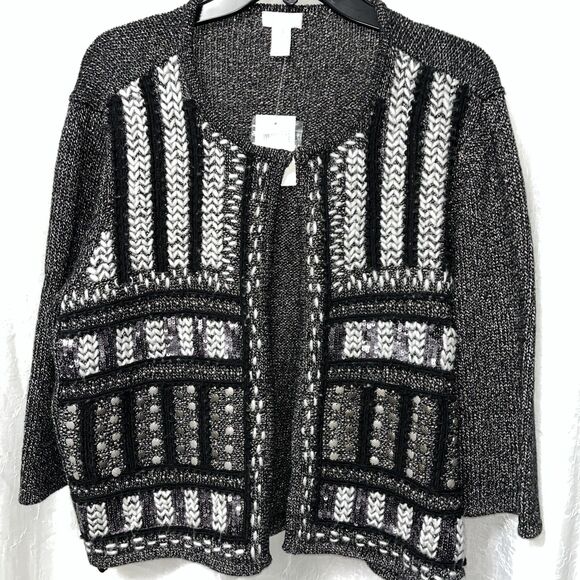 Chico's Geneva Glitz Cardigan Embellished Metallic Black Sweater Size 3 / L NWT - Picture 1 of 6